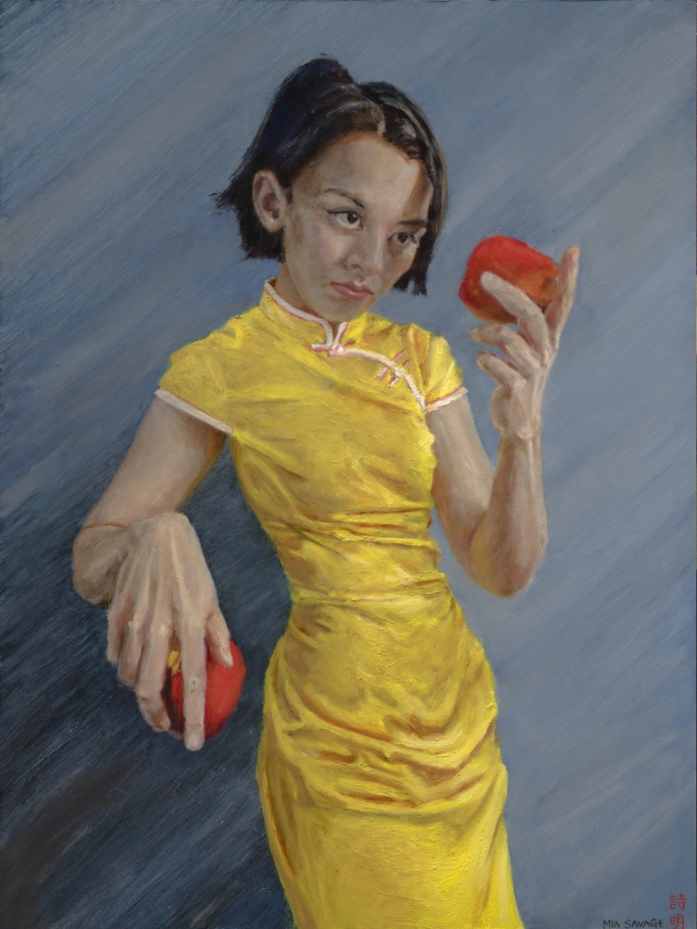 Self-Portrait, oil on wood, by Mia Savage Kwok
