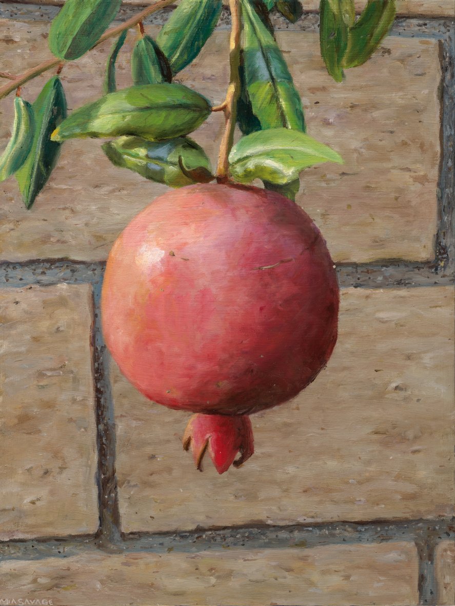 Pomegranate Over Garden Wall, oil on wood, by Mia Savage Kwok